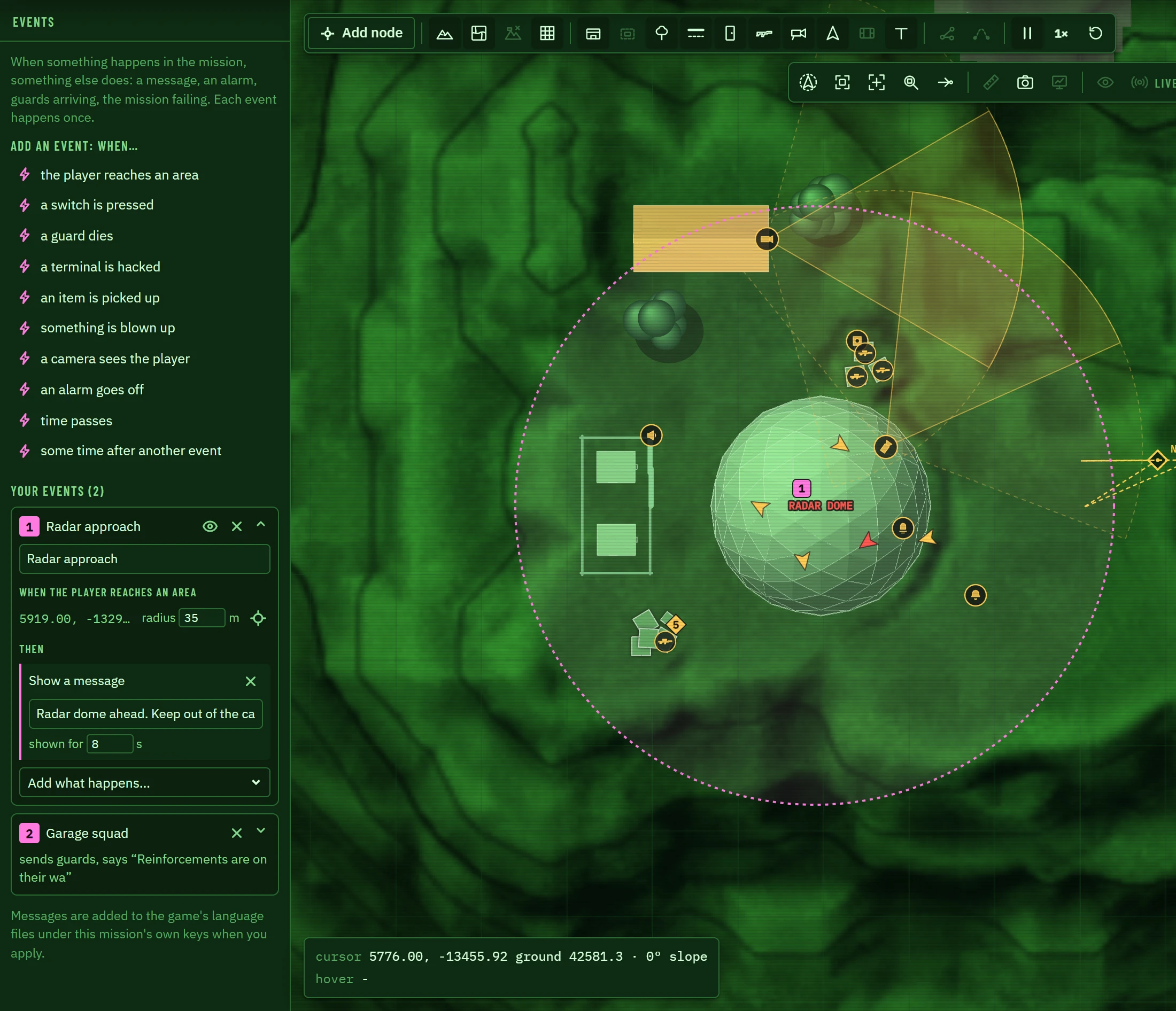 An event: when the player reaches the radar dome, a message shows