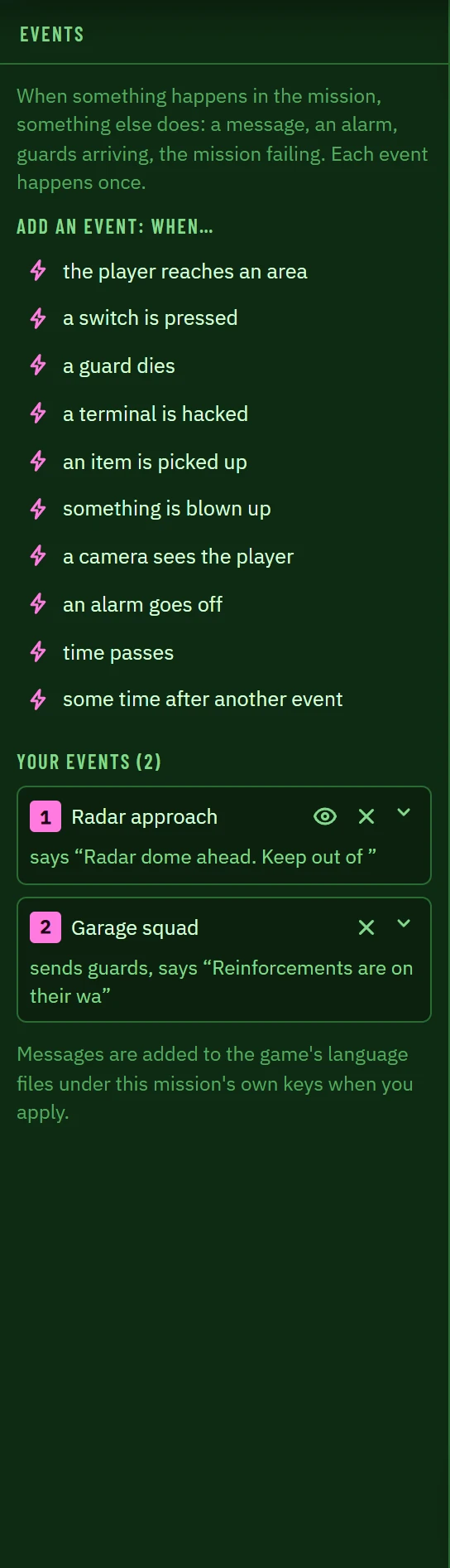 The Events tab with two events