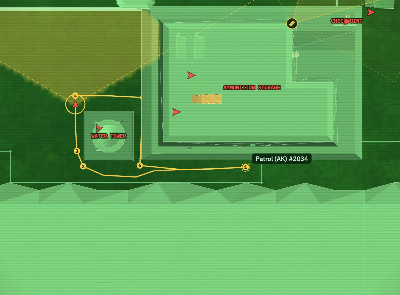 A selected guard: his field of view in yellow, over the ground he can actually see, and his route
