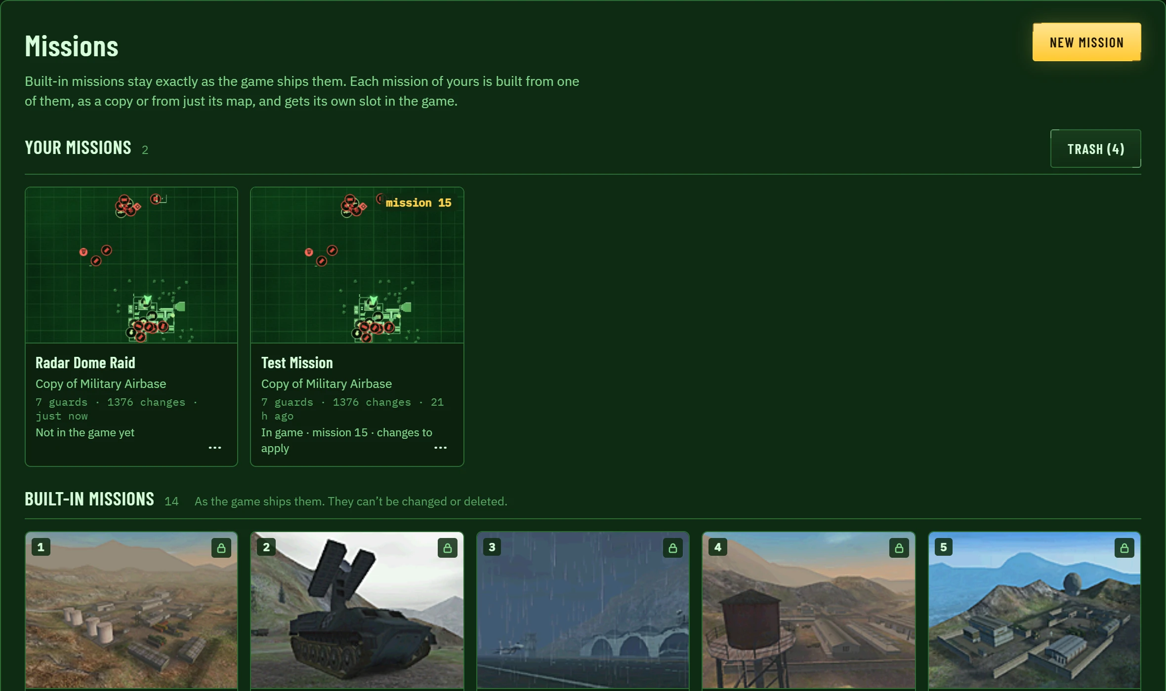 The library: your missions on top, the fourteen original missions below