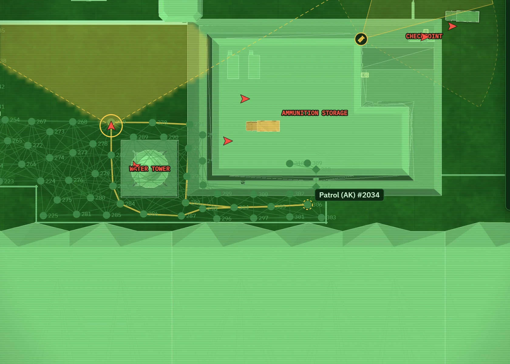 Editing a patrol: the stops are numbered, and the walkway points he can use are shown