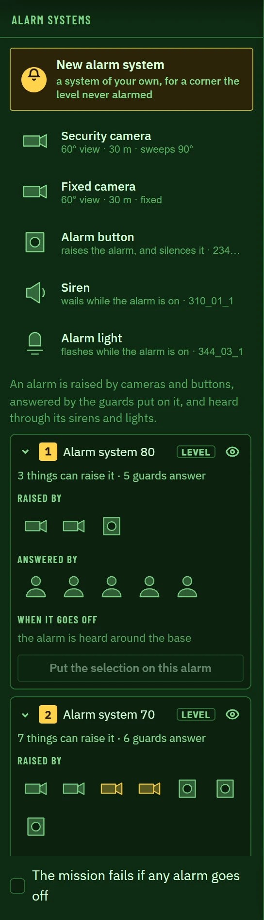 The Security tab: the parts to place, and the level's alarm systems