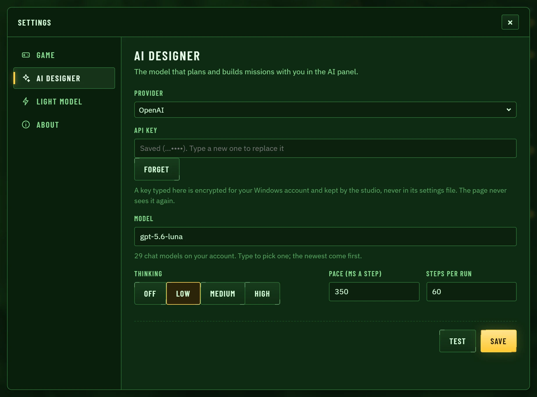 The AI designer's settings