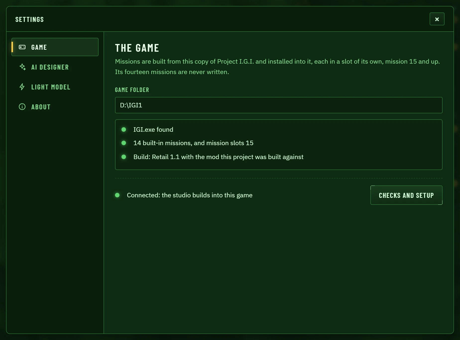 Settings, Game: the folder, checked