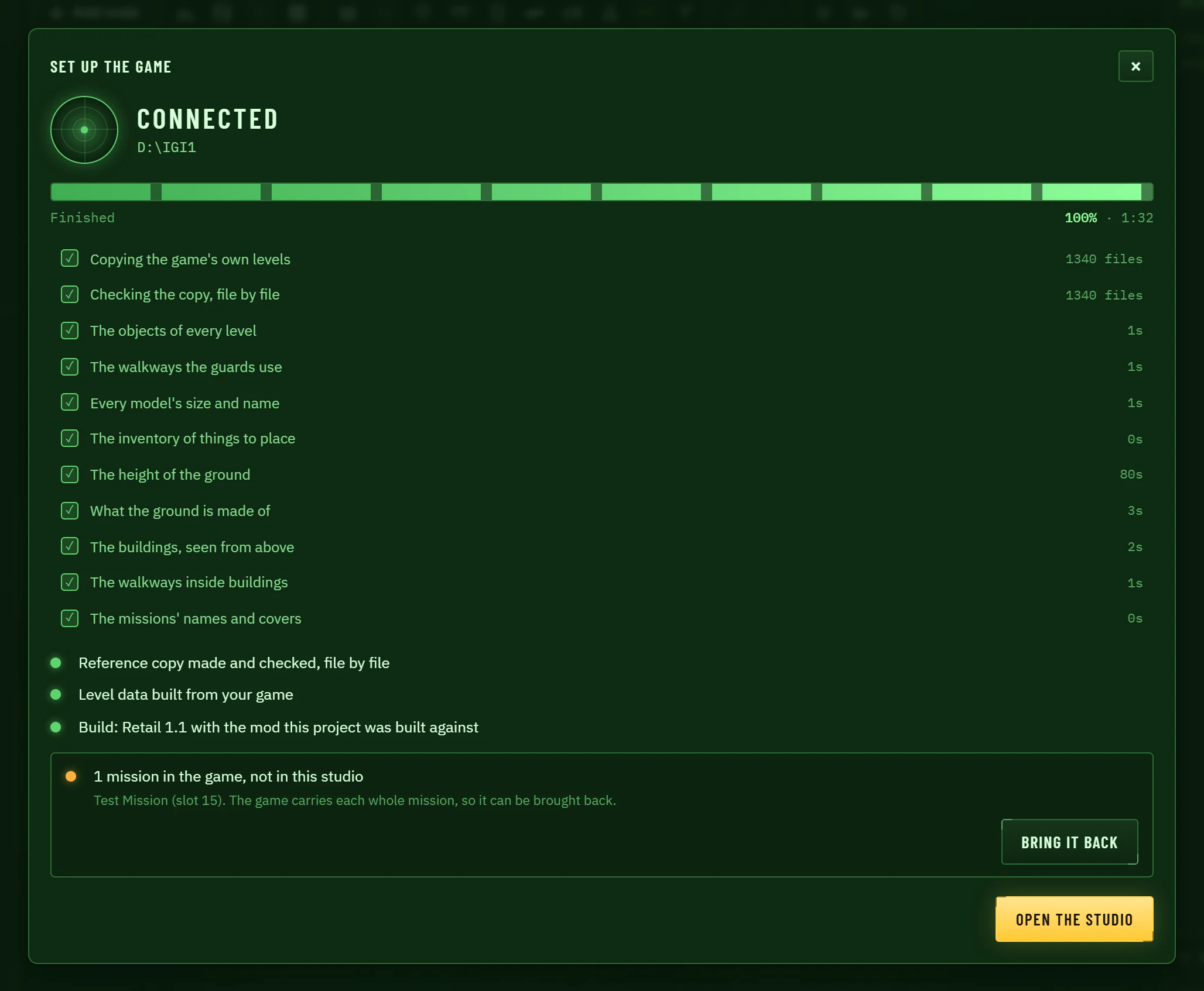 Connected: the reference copy is made and checked, and the level data is built