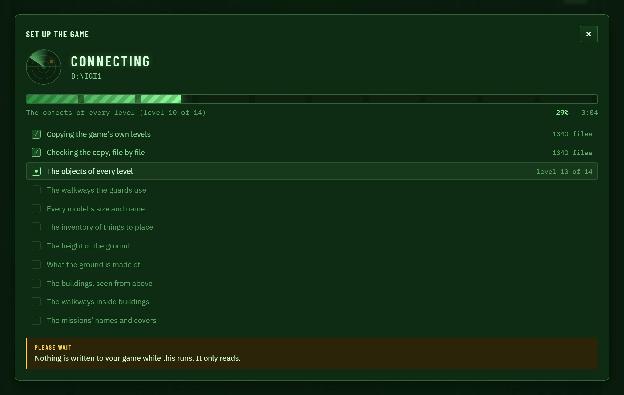 Connecting: first the reference copy, then the level data