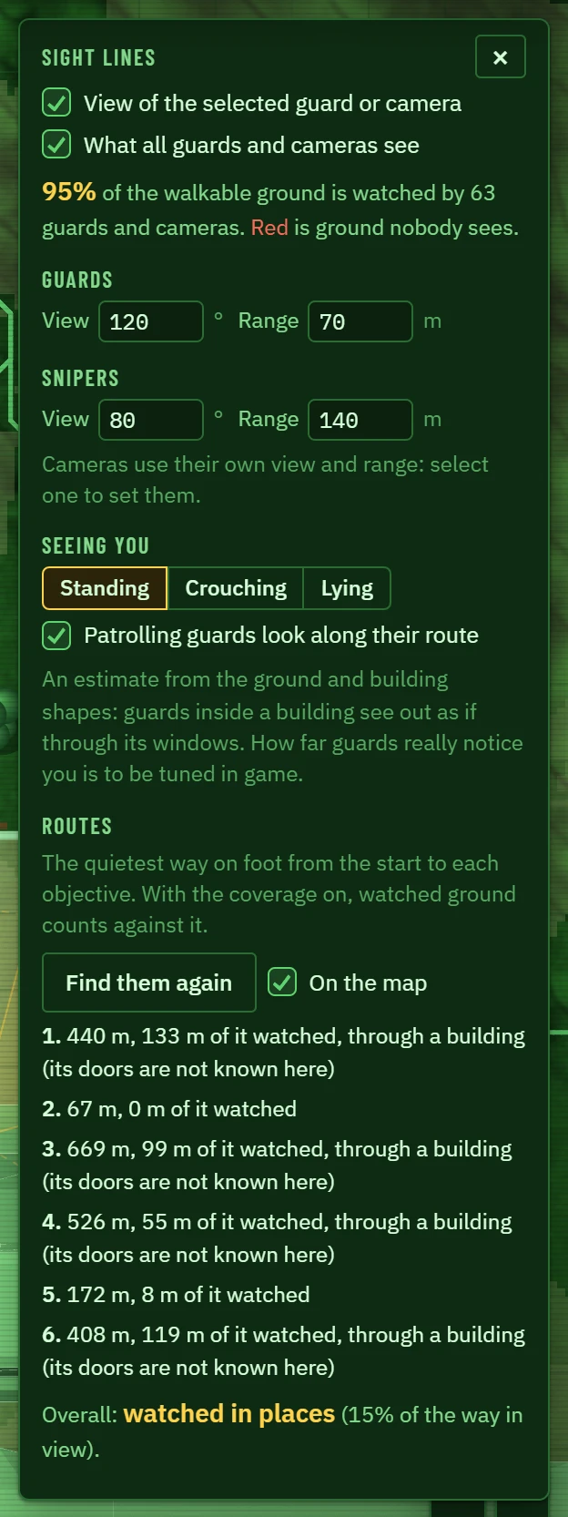 The Sight lines panel, with the routes found