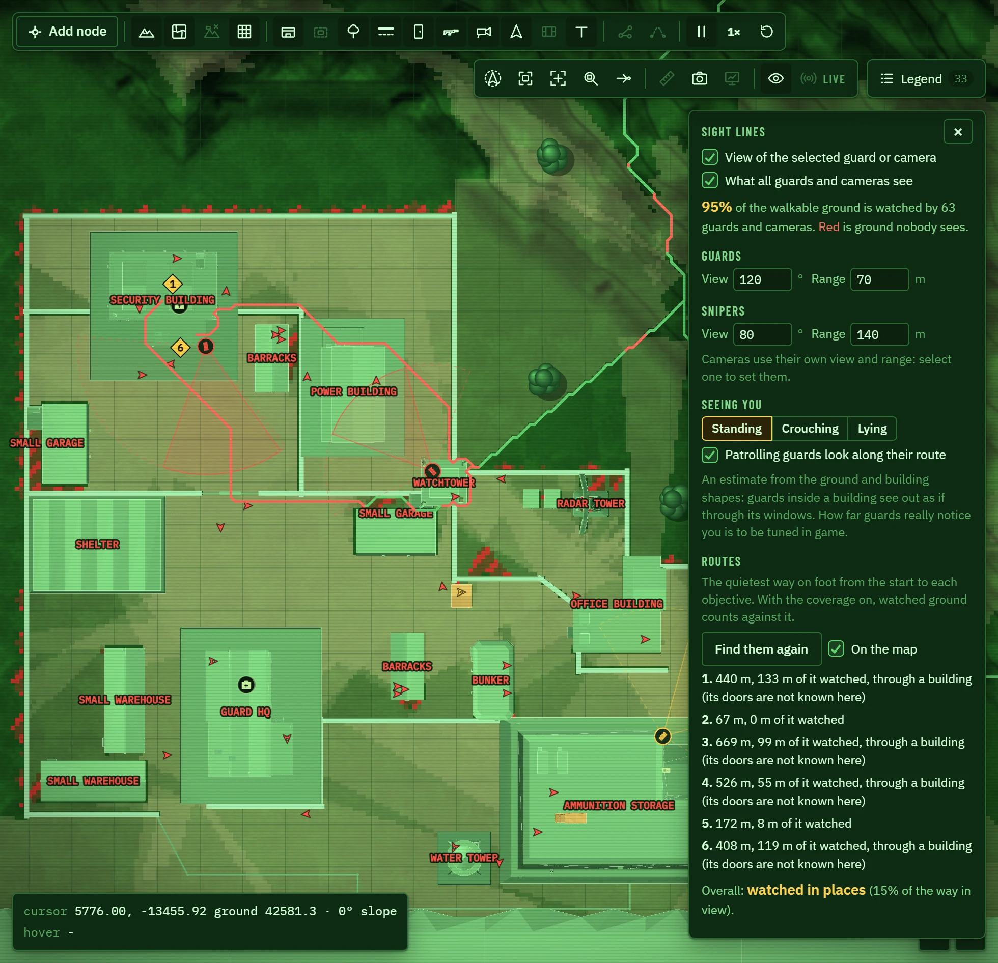 Routes to the objectives: green unseen, red watched